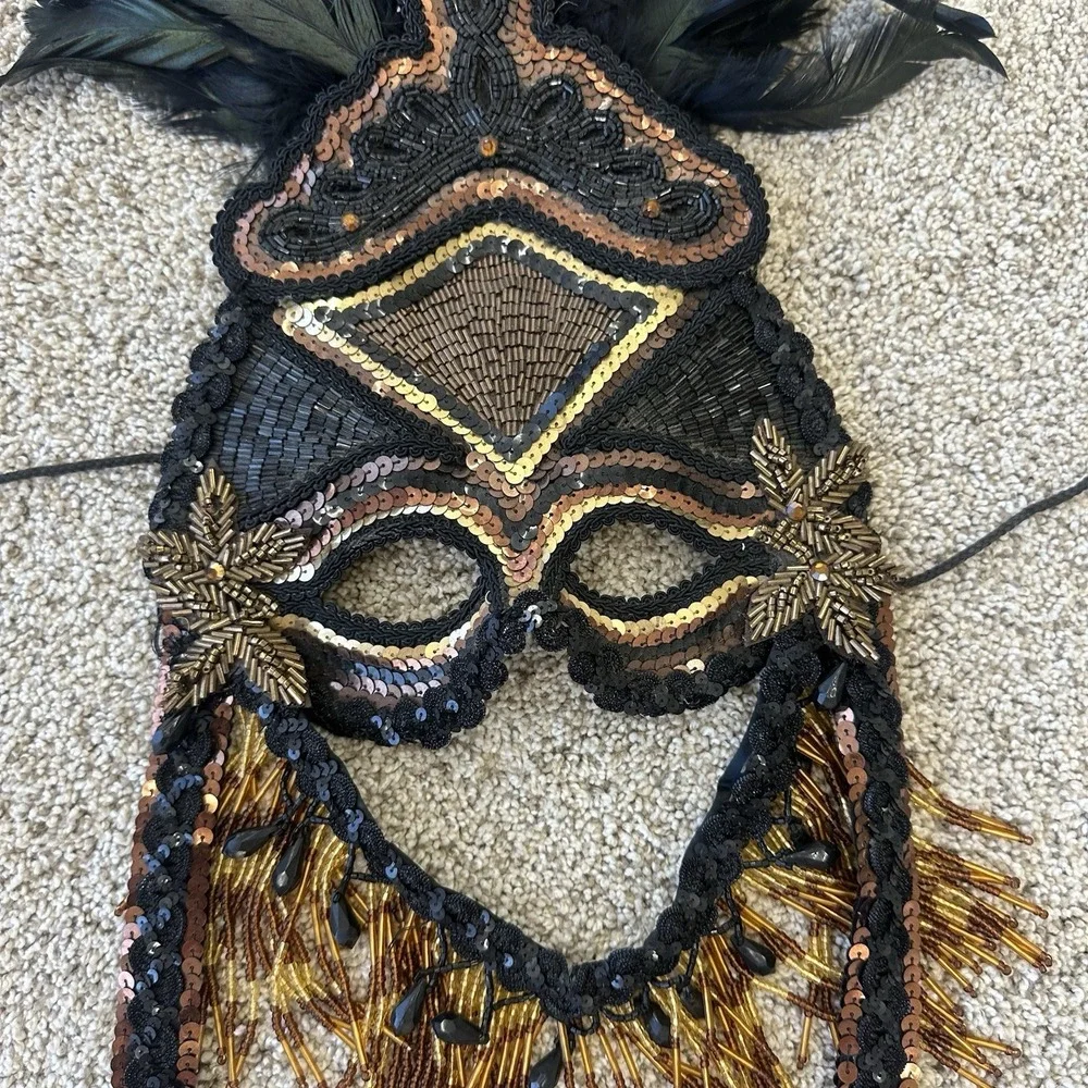 Gypsy Renaissance Black Feather Masquerade Mask Bead Garland Gothic Boho Big 48